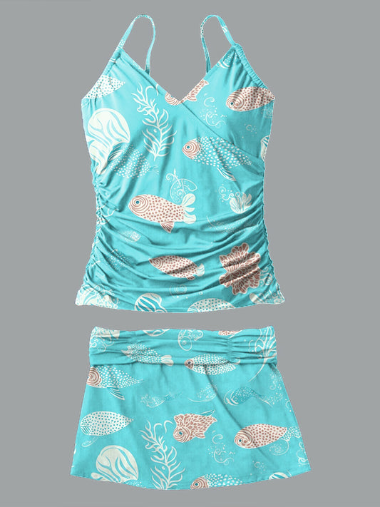 V-Neck Vintage Fish Print Suspender Skirt Tankini Pantskirt Set Swimsuit