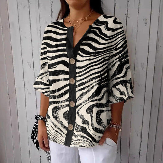 Comstylish Women's Stripe Art Print Button Linen Blend Shirt