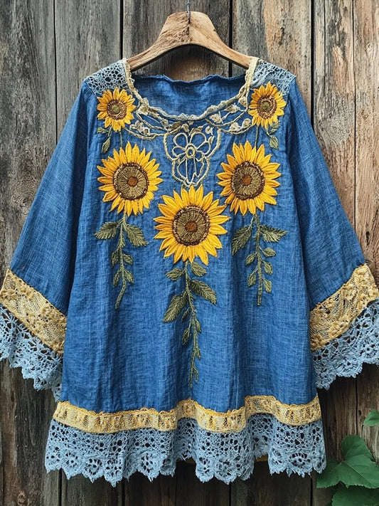 Sunflowers Embroidered Lace Patchwork Linen Blend Shirt artswardrobe