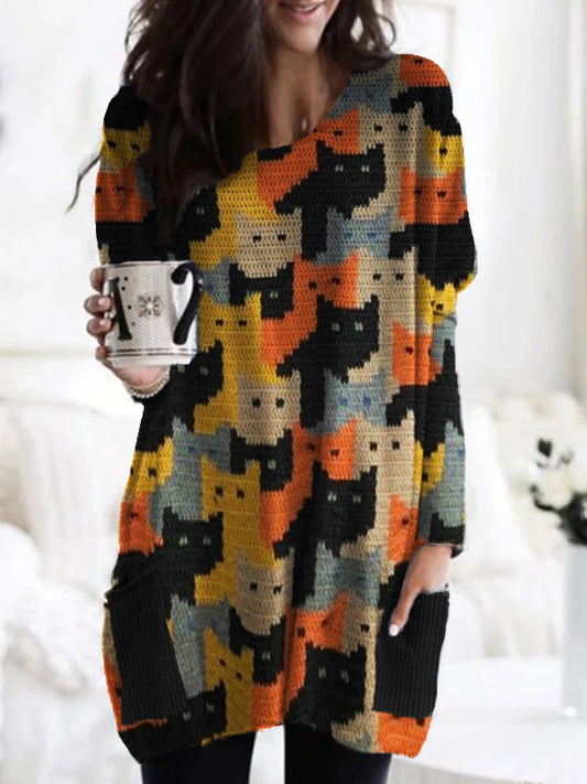 Colorful Cats Knit Art Patch Pockets Cozy Tunic elevenforest
