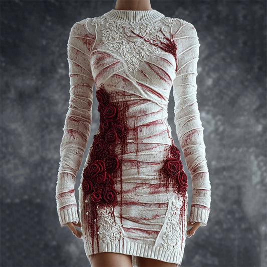 Bloody Bandages & Roses Lace Embroidered Cozy Knit Sweater Dress artswardrobe