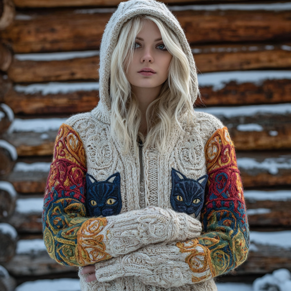 Comstylish Lady Retro Viking Style Fun Cat Knit Hooded Cardigan Sweater Jacket