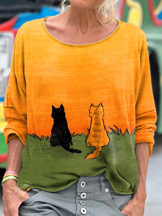 Comstylish Cats Art Painting Print Long Sleeve T-shirt