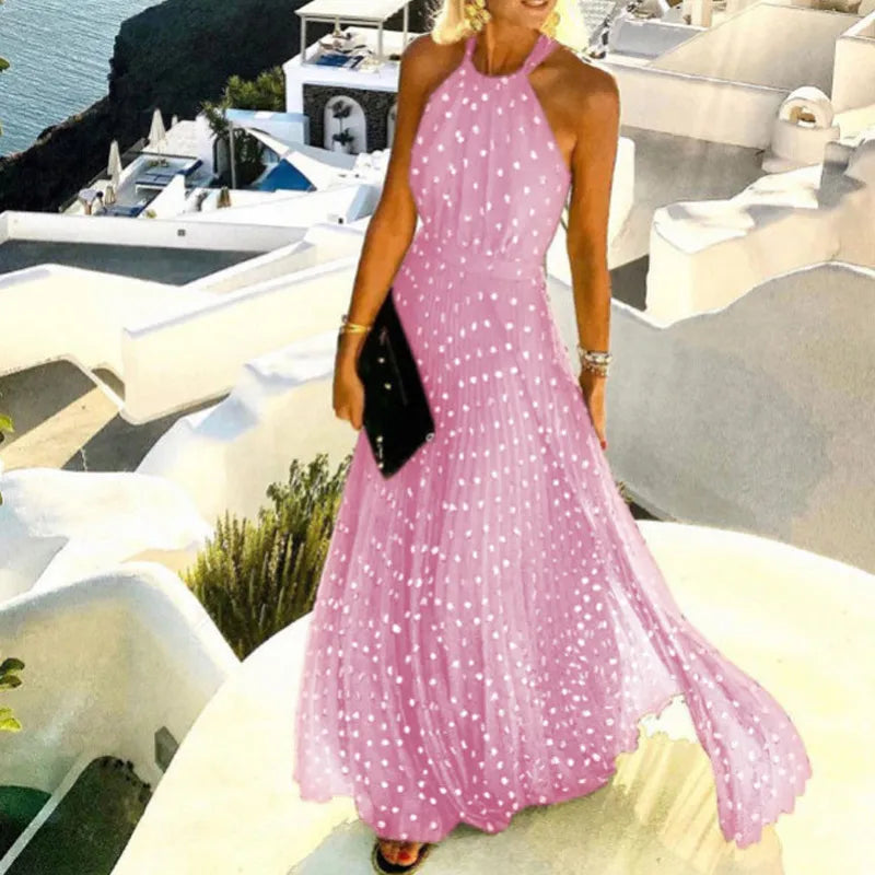 LM | Bohemian print patchwork halterneck pleated dresses