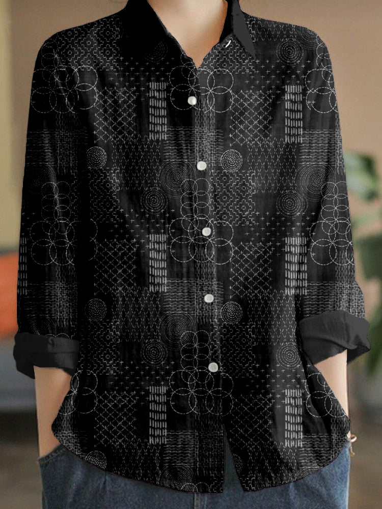 Comstylish Japanese Boro Sashiko Art Linen Blend Cozy Blouse