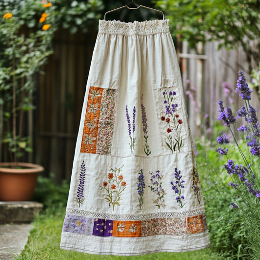 Women's Lace Flowers Embroidery Art Linen Blend Skirt artswardrobe