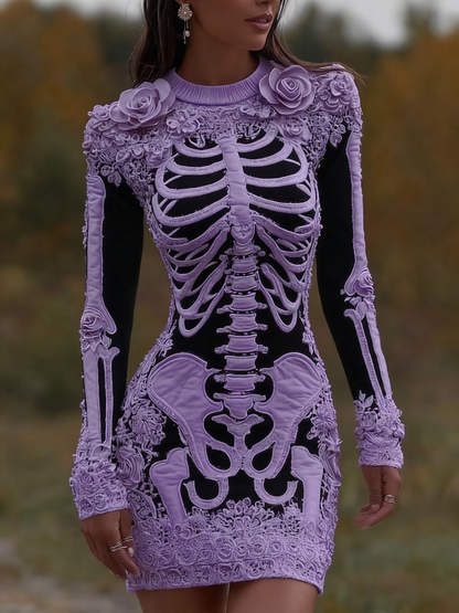 Women's Vintage Halloween Skeleton Bones With Rose Art Cozy Knit Mini Sweater Dress artswardrobe