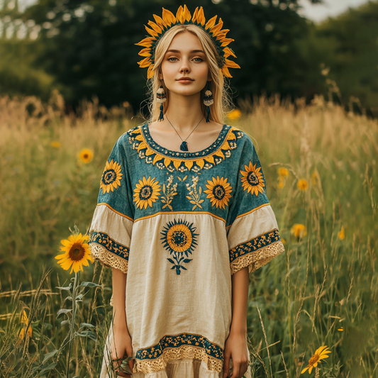Women's Bohemian Ukrainian Sunflower Contrast T-shirt artswardrobe