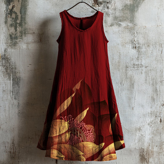 Comstylish Classy Lotus Japanese Art Linen Tank Dress