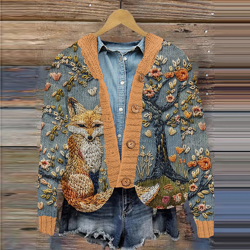 Fox Flowers Embroidery Art Pattern Women's Cardigan artswardrobe