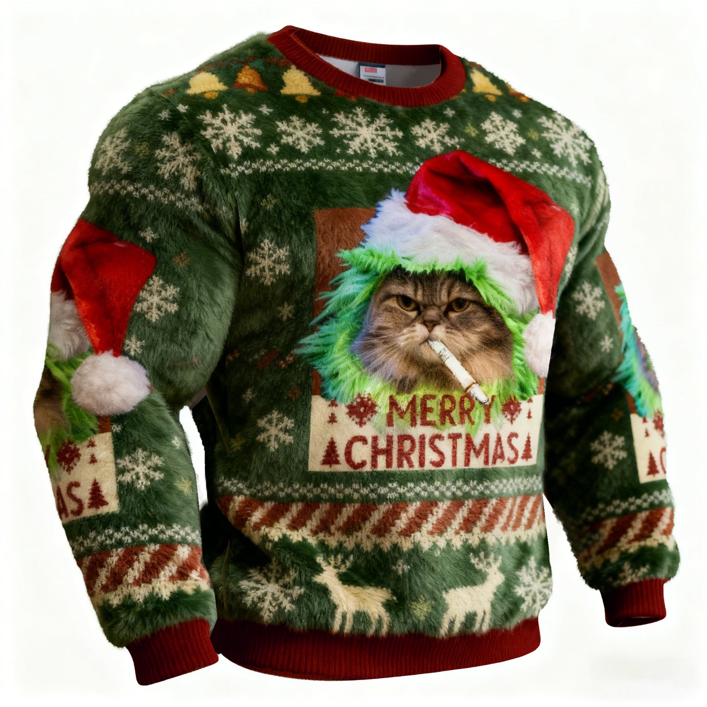Comstylish Men's Green Funny Smoking Cat Meme Christmas Ugly Plush Sweatshirt
