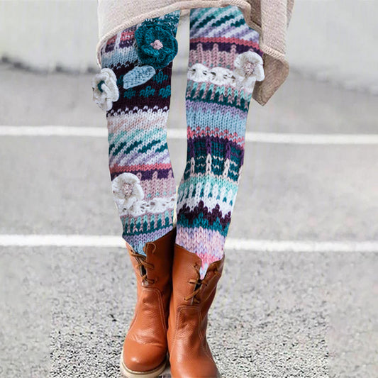 Vintage Fair Isle Floral Knitted Art Comfy Leggings artswardrobe