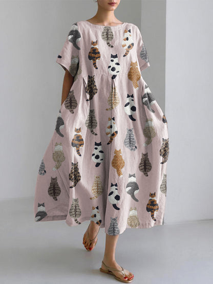 Cute Cats Embroidery Pattern Linen Blend Dress artswardrobe