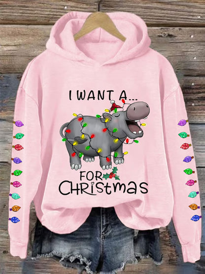 Comstylish Women's I Want A Cute Hippopotamus For Christmas Holiday Gift Casual Hoodie