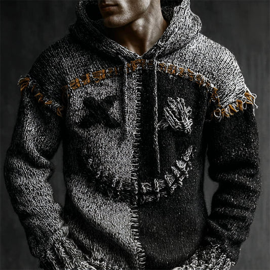 Men's Halloween Spooky Face Contrast Stitched Cozy Knit Hooded Sweater elevenforest