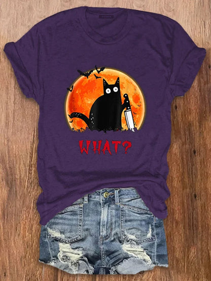 Comstylish Women's Halloween Fun Black Cat Print Crew Neck T-Shirt