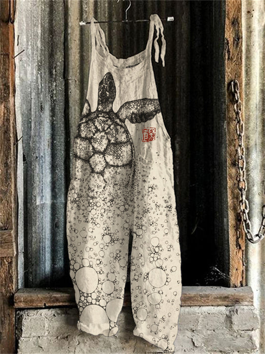 Comstylish Sea Turtle Japanese Lino Art Linen Blend Jumpsuit
