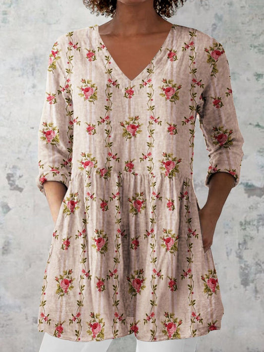 Women's Retro Floral Art Print Casual Cotton And Linen V-neck Top