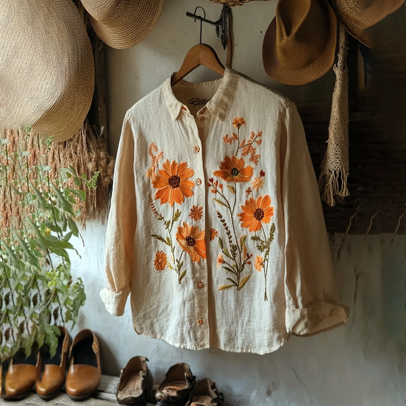 Vintage Floral Embroidery Art Button Down Casual Blouse artswardrobe