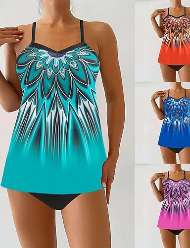 Swimwear 2 Piece Cheeky Swimsuit Backless Vacation Beach Wear Graphic Round Neck Sleeveless Bathing Suits