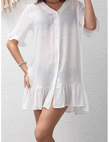 Mini Dress White Dress Beach Dress Black Dress Cover Up Classic Daily Outdoor Beach Loose Fit Plain Half Sleeve V Neck Black White Khaki Summer Spring