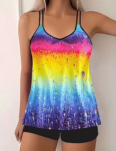 Swimwear 2 Piece Shorts Swimsuit Backless Vacation Beach Wear Graphic Round Neck Sleeveless Bathing Suits