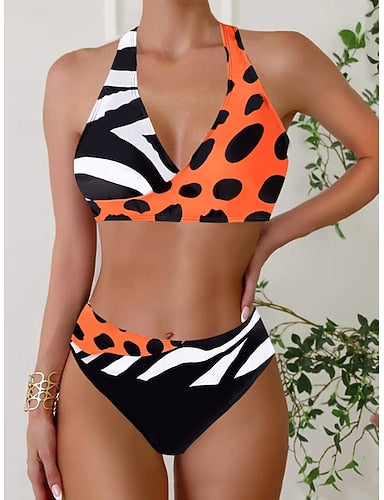 Bikini 2 Piece Swimsuit Cheeky Slim Backless Vacation Beach Wear Geometric Color Block V Neck Sleeveless Bathing Suits