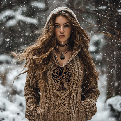 Women's Viking Tribal Runes Life Of Tree Chunky Knit Hooded Sweater elevenforest