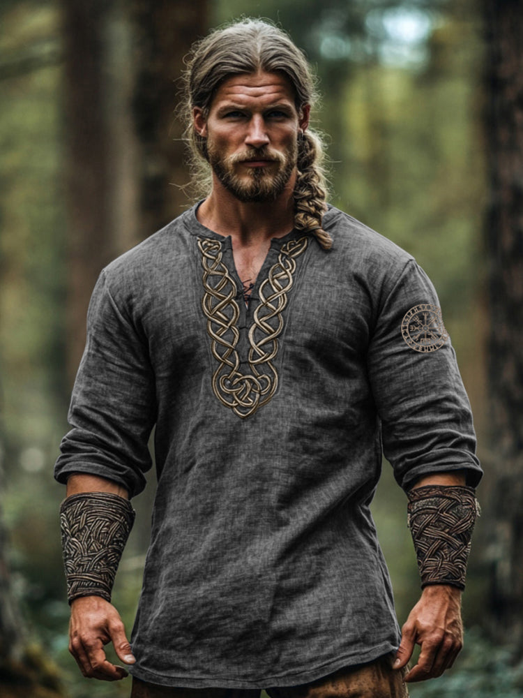 Men's Vintage Viking Symbol Linen V-neck Shirt artswardrobe