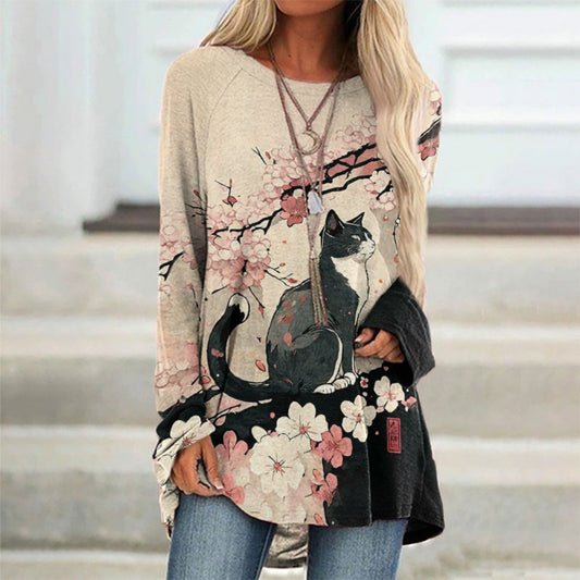 Japanese Art Style Floral Cat Print Tunic elevenforest