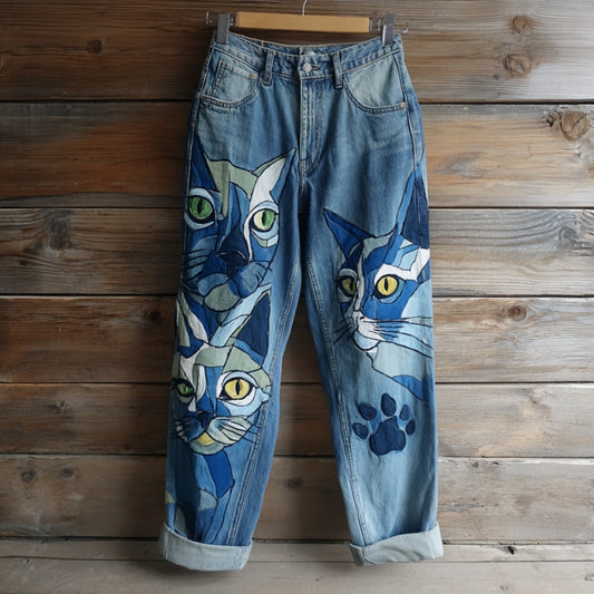 Vintage Cat Embroidered Washed Jeans elevenforest