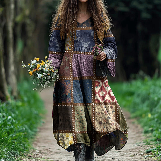 Vintage Patchwork Art Cotton Linen Comfy Maxi Dress artswardrobe