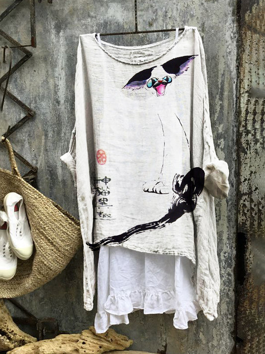 Happy Cat Women's Linen Flowy Tunic elevenforest