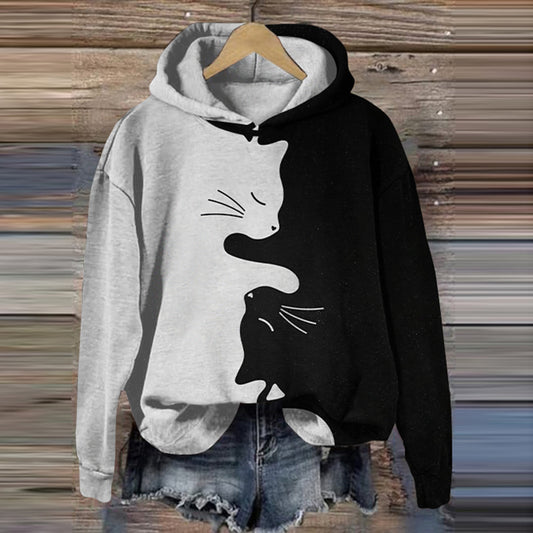 Women S Black & White Cat Art Casual Hoodie elevenforest