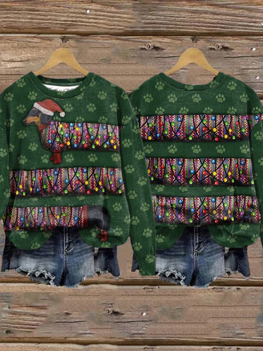 Comstylish Christmas Dachshund Dog Paws String Lights Print Sweatshirt