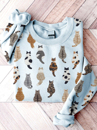 Cute Cats Embroidery Pattern Casual Cozy Sweatshirt elevenforest