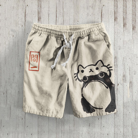 Retro Abstract Frog Disguise Cat Art Print Casual Shorts elevenforest