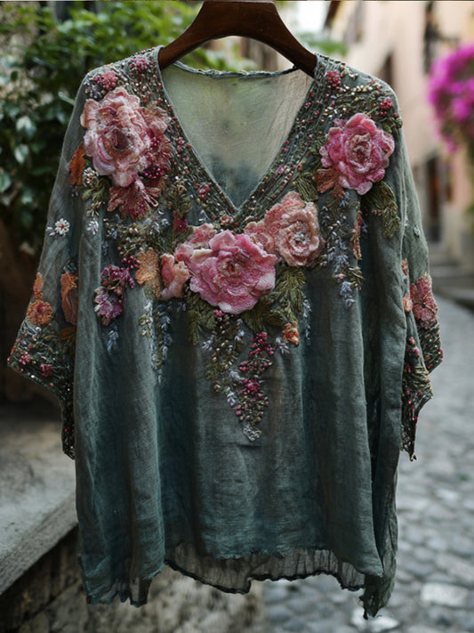 Bohemian Style Three-dimensional Floral Vintage Cotton And Linen Movie Green V-neck Short-sleeved Shirt artswardrobe