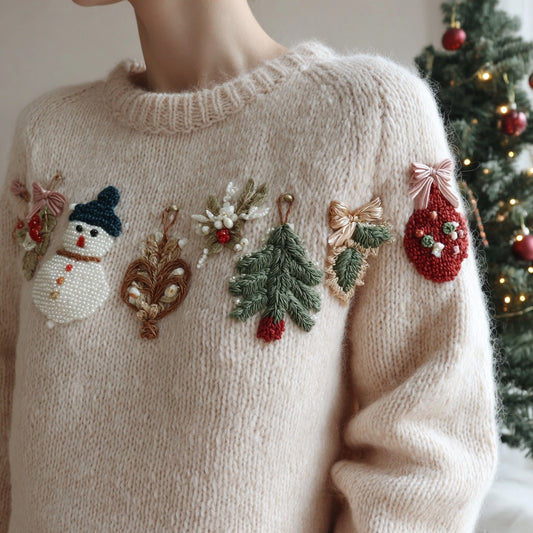 Comstylish Women's Vintage Christmas Tree And Snowman Jacquard Crew Neck Sweater