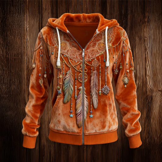 Comstylish Women's Retro Tribal Dreamcatcher Style Casual Plush Zip-up Jacket