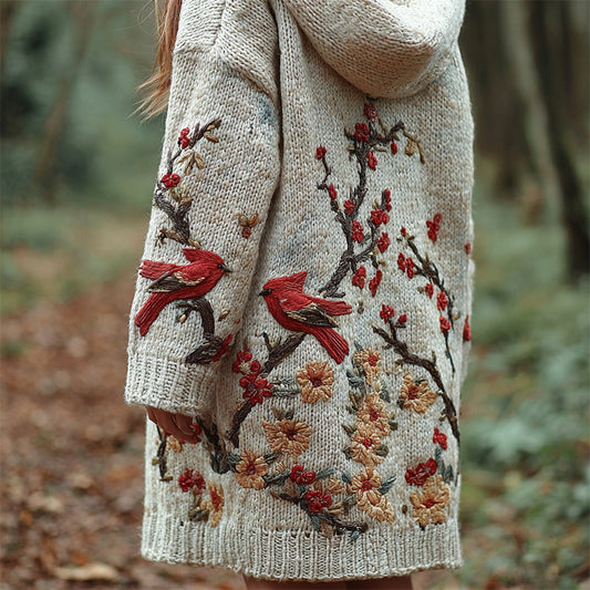 Vintage Japanese Bird & Flower Embroidery Women's Knit Hooded Cardigan artswardrobe