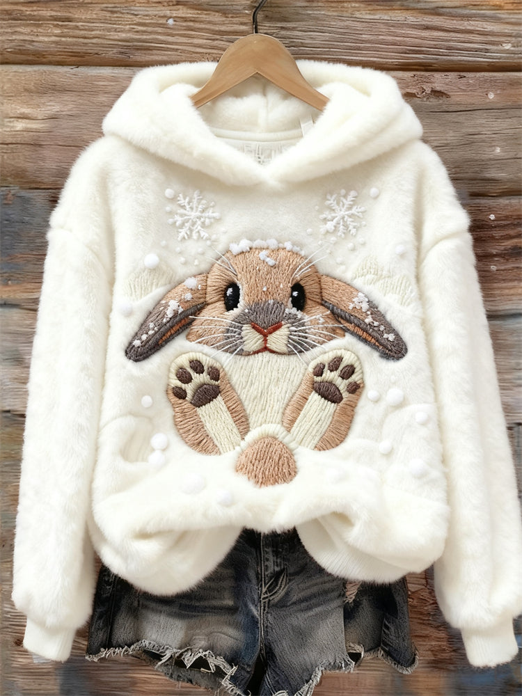 Comstylish Lovely Bunny & Snow Embroidered Cozy Plush Hoodie