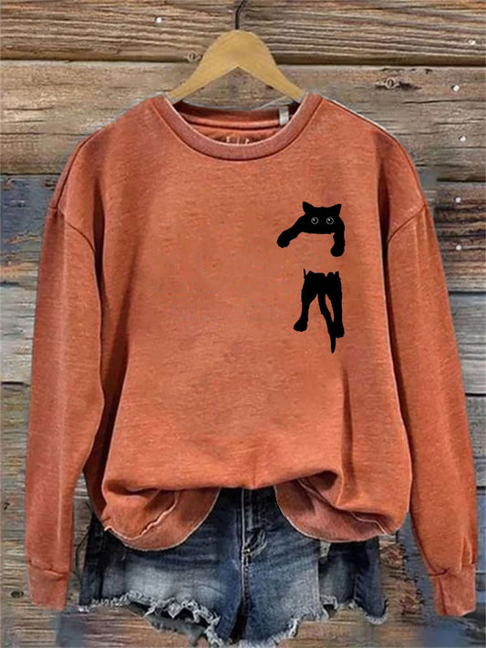 Women's Casual Funny Black Cat Print Sweatshirt elevenforest