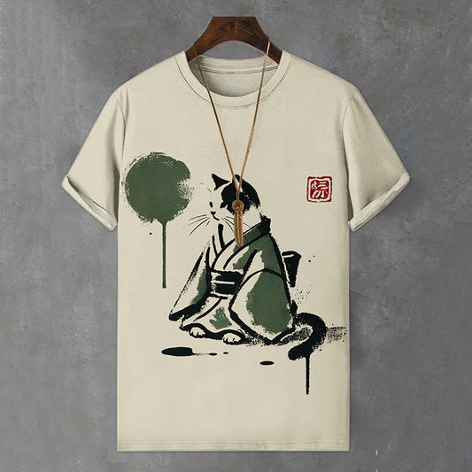 Men's Japanese Hot Black Cat Art Print Comfortable T-shirt elevenforest