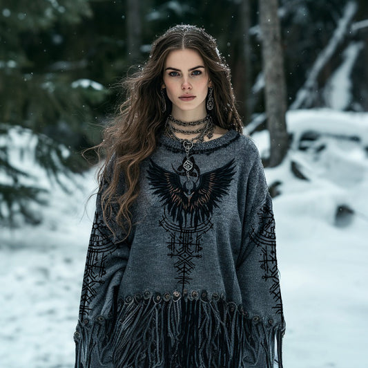 Women's Tribal Viking Runes Bird Graphics Embroidery Tassel Art Knit Sweater artswardrobe