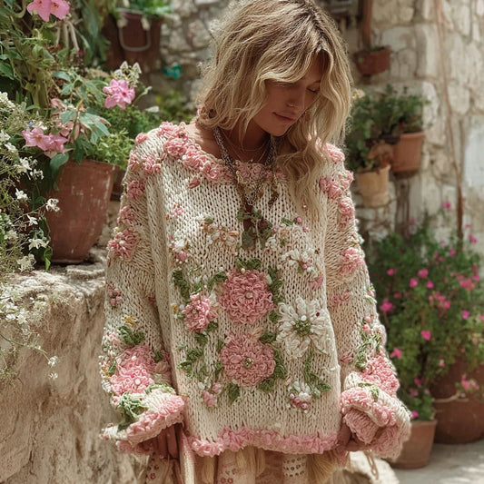 Women's Boho Floral Chunky Knit Crew Neck Sweater artswardrobe