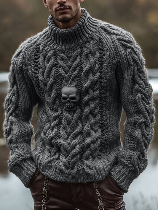 Men's Retro Skull Celtic Chunky Cozy Turtleneck Sweater elevenforest