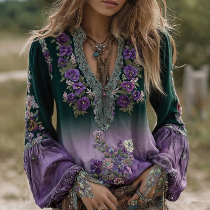 Comstylish Vintage Classy Gradient Purple Pansy Embroidered Art Linen Long Sleeve Blouse