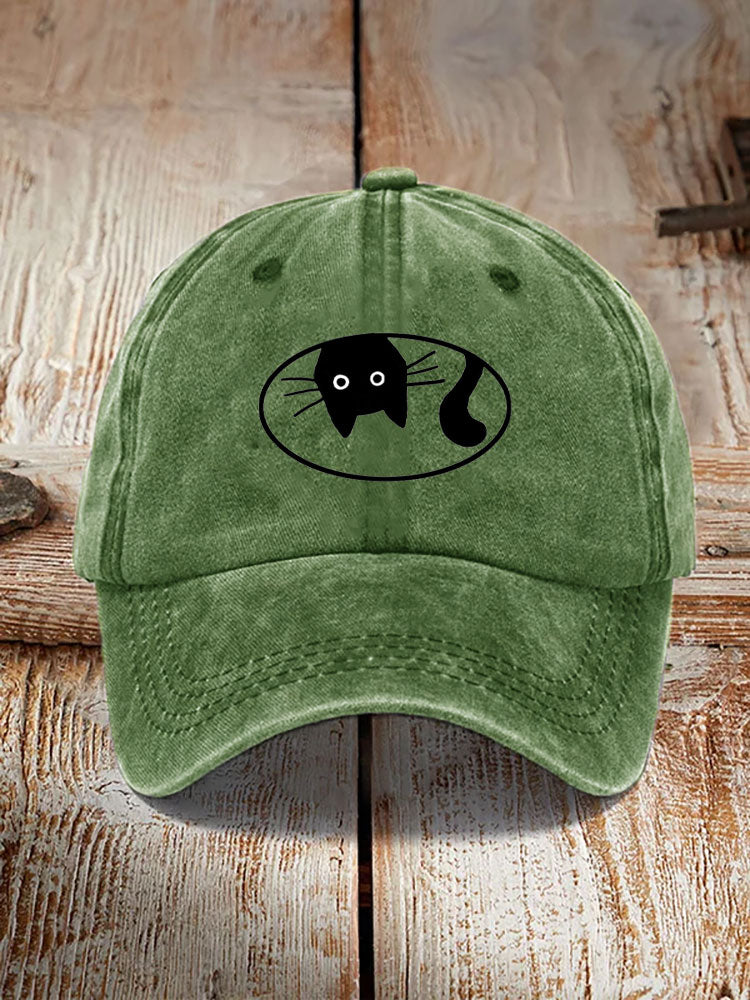 Comstylish Japanese Art Black Cat Print Washed Hat