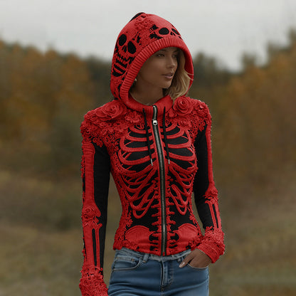 Women's Halloween Skeleton Bones With Roses Art Knitted Warm Zipper Hooded Sweater artswardrobe